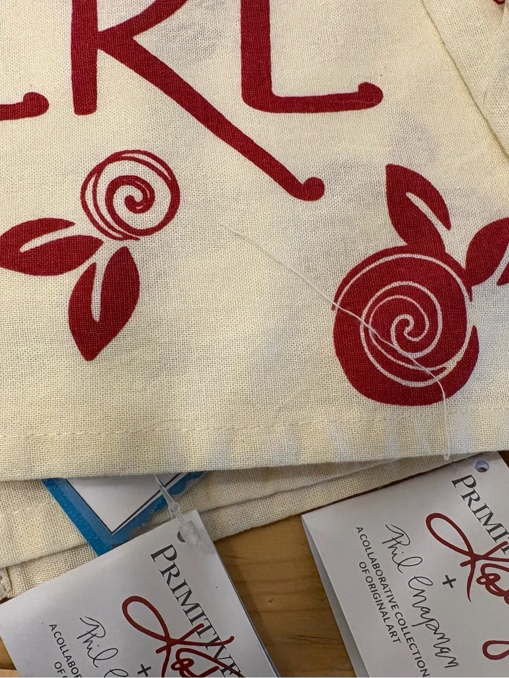 2 Cream Kitchen Towels with Red Script and Floral Accents NWT